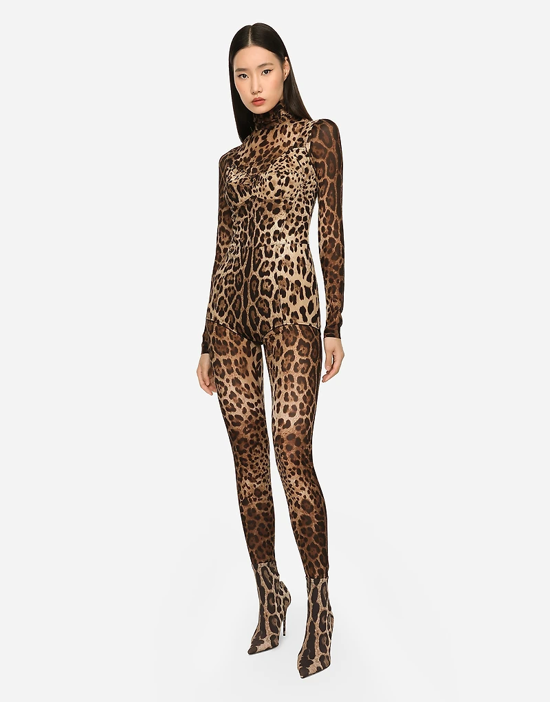 Leopard-print charmeuse bodysuit