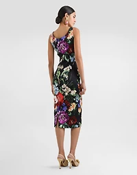 Flower-print fitted satin dress