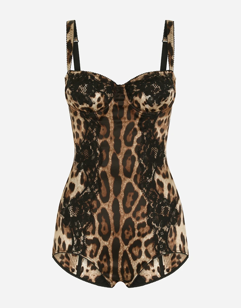 Silk balconette lingerie bodysuit with leopard-print lace details