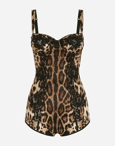 Silk balconette lingerie bodysuit with leopard-print lace details