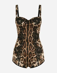 Silk balconette lingerie bodysuit with leopard-print lace details