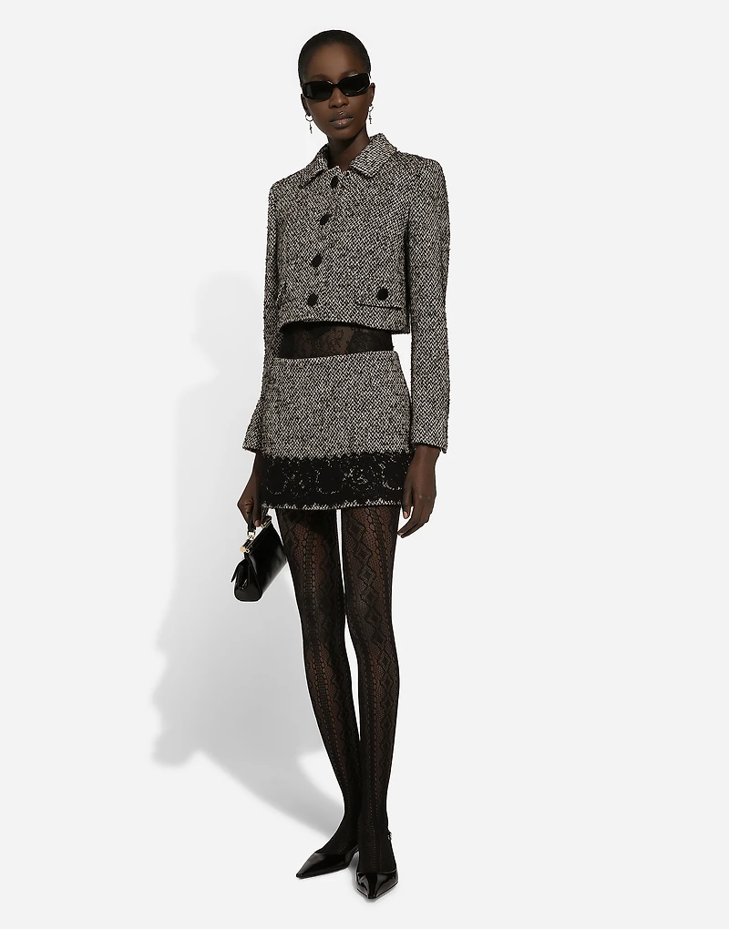 Short wool micro-tweed jacket