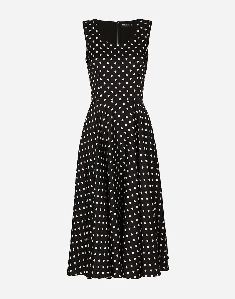 Silk charmeuse calf-length circle-skirt dress with polka-dot print