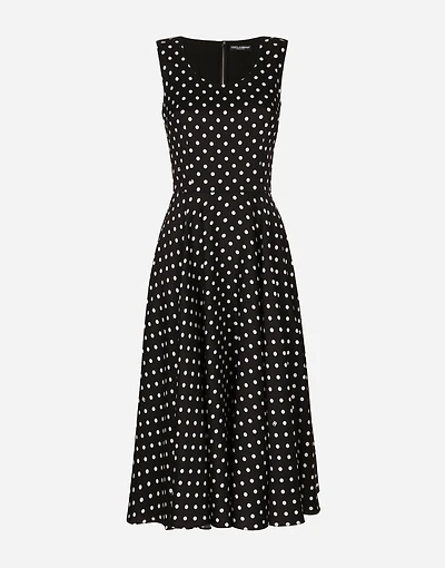Silk charmeuse calf-length circle-skirt dress with polka-dot print