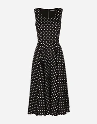 Silk charmeuse calf-length circle-skirt dress with polka-dot print