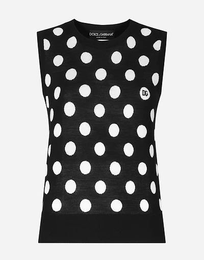 Silk and wool tank top with polka-dot inlay