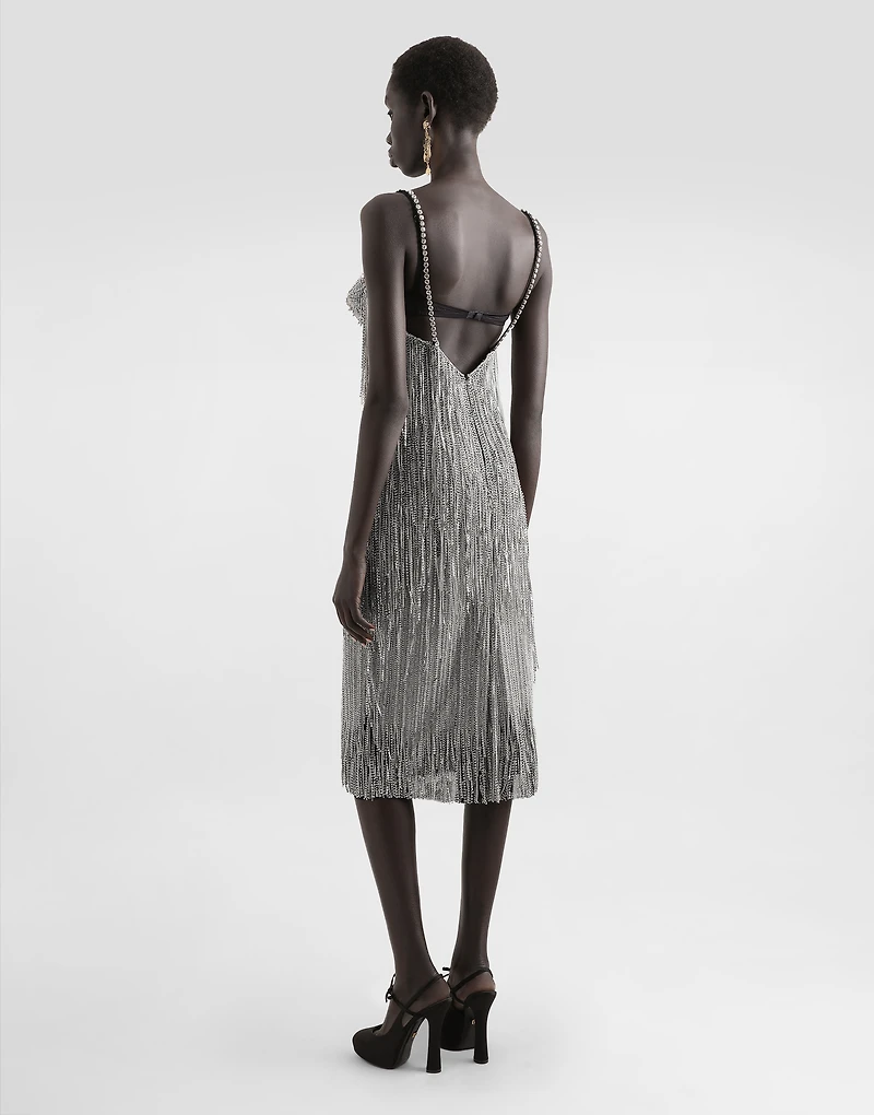 Marquisette calf-length dress with sequined fringing