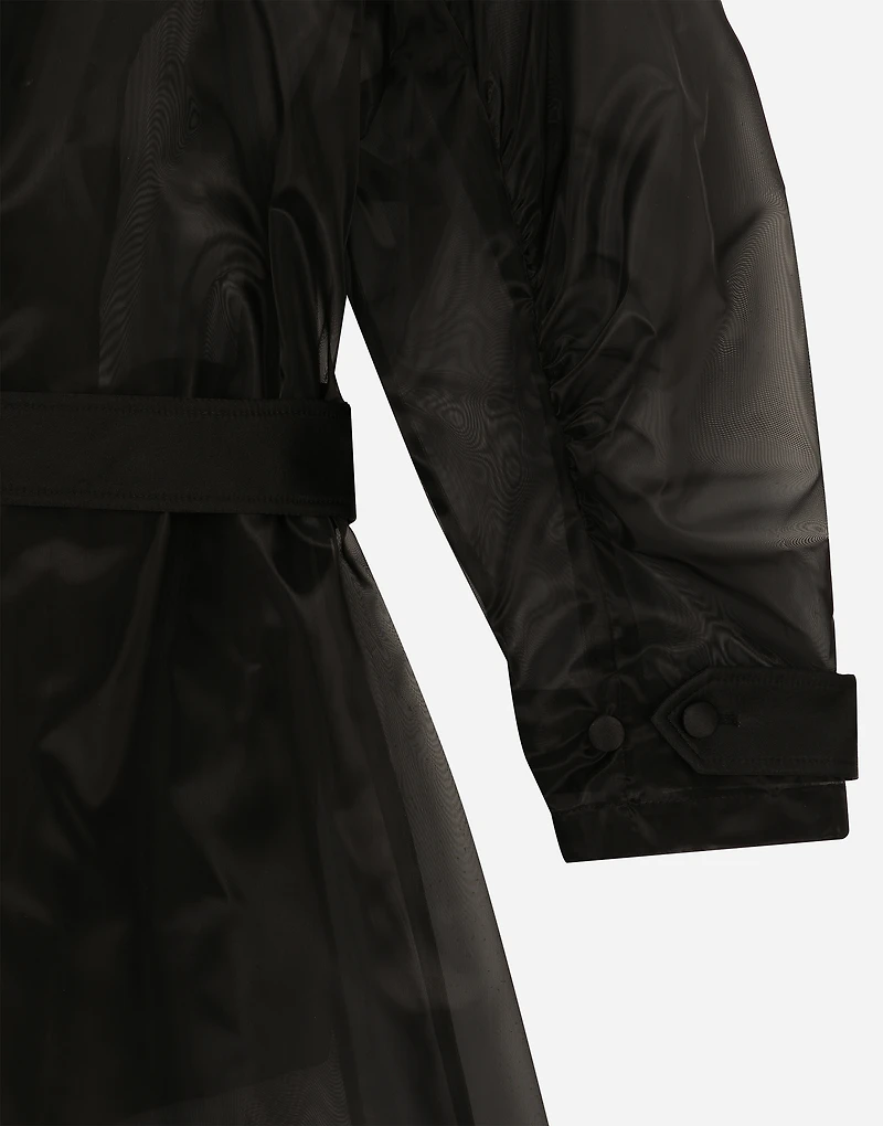 Technical organza trench coat with gathered sleeves