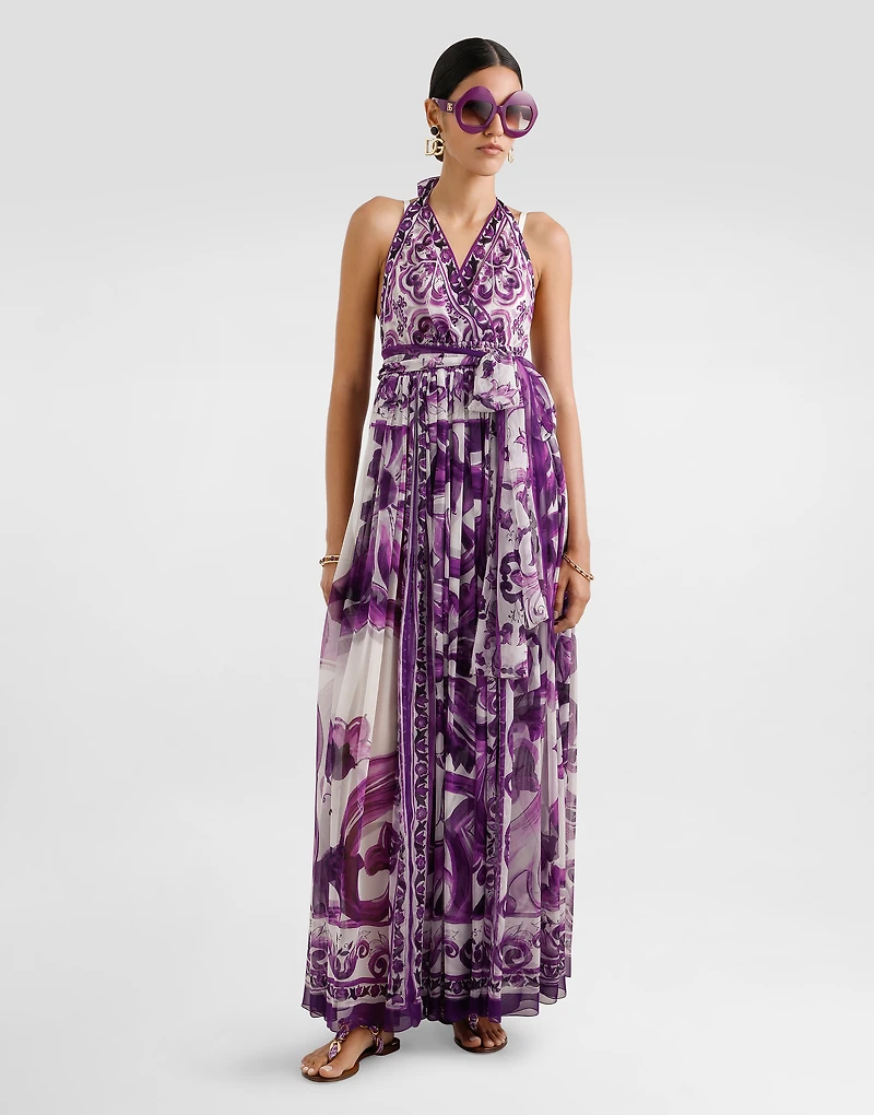 Majolica-print long chiffon dress