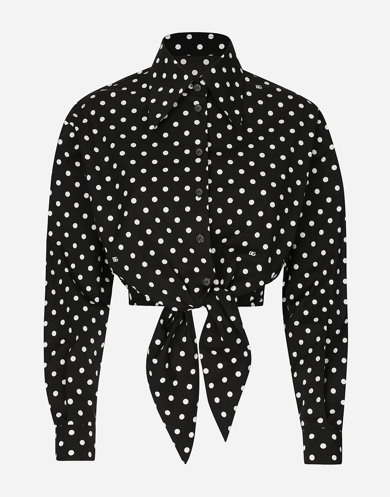 Cropped cotton poplin shirt with knot detail and polka-dot print