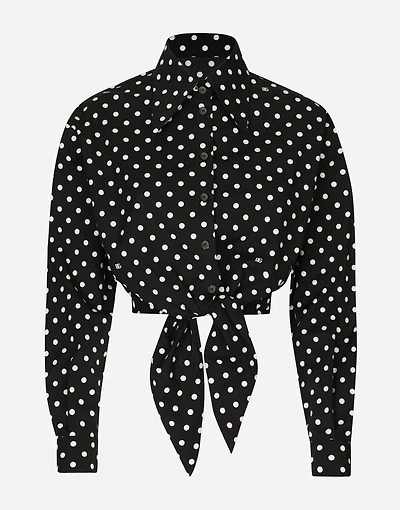 Cropped cotton poplin shirt with knot detail and polka-dot print