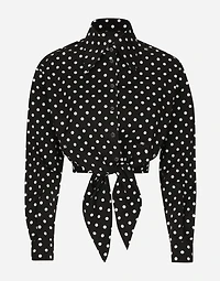 Cropped cotton poplin shirt with knot detail and polka-dot print