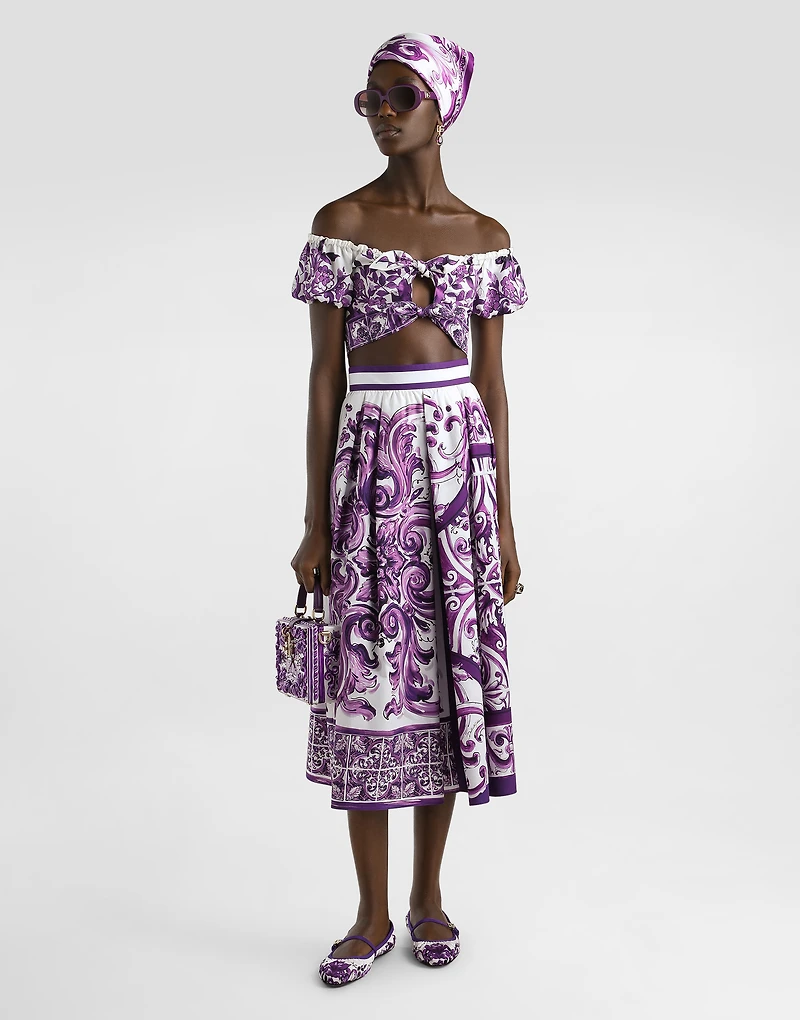 Majolica-print pleated skirt