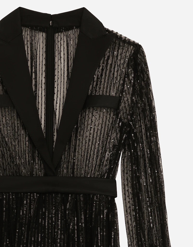 Calf-length tulle tuxedo shirt dress with sequin embellishment