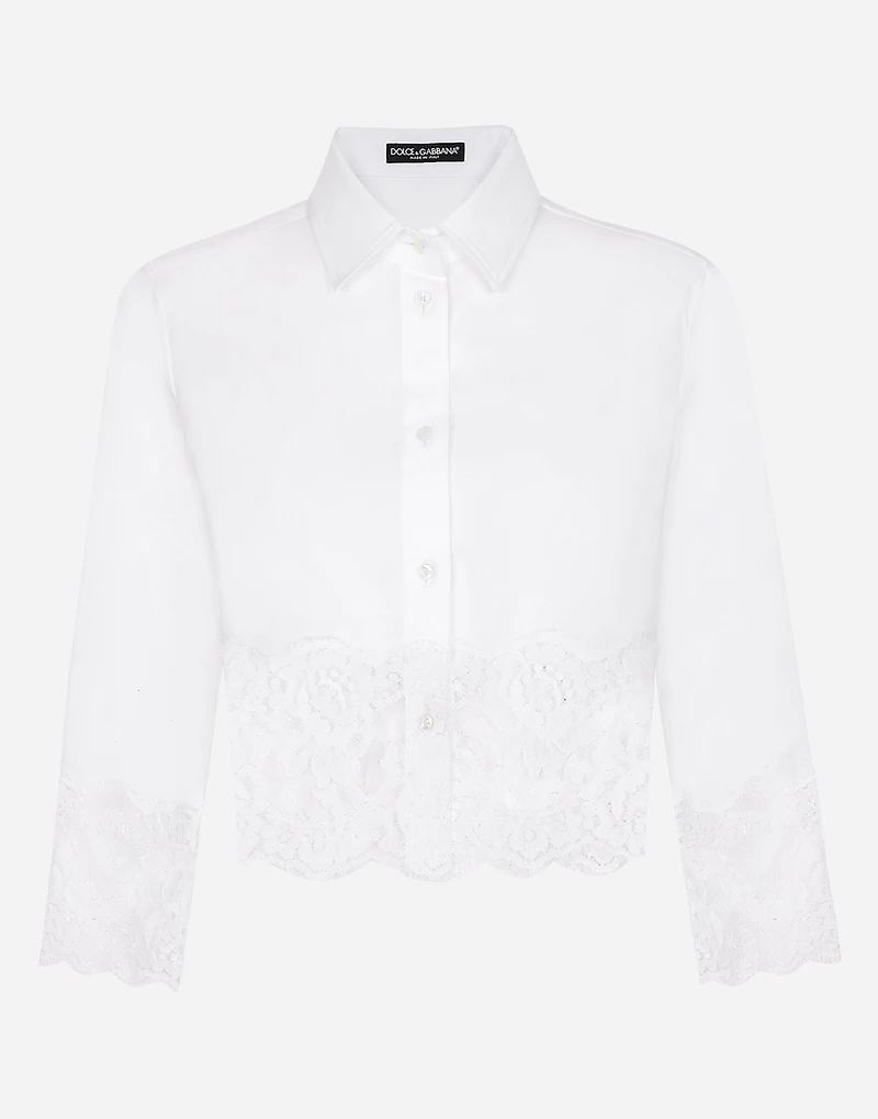 Cropped poplin shirt with lace inserts