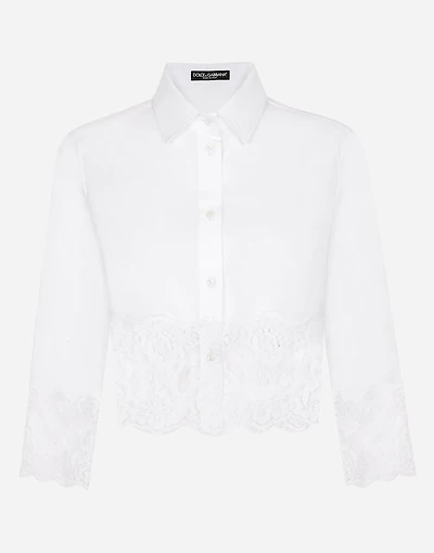 Cropped poplin shirt with lace inserts