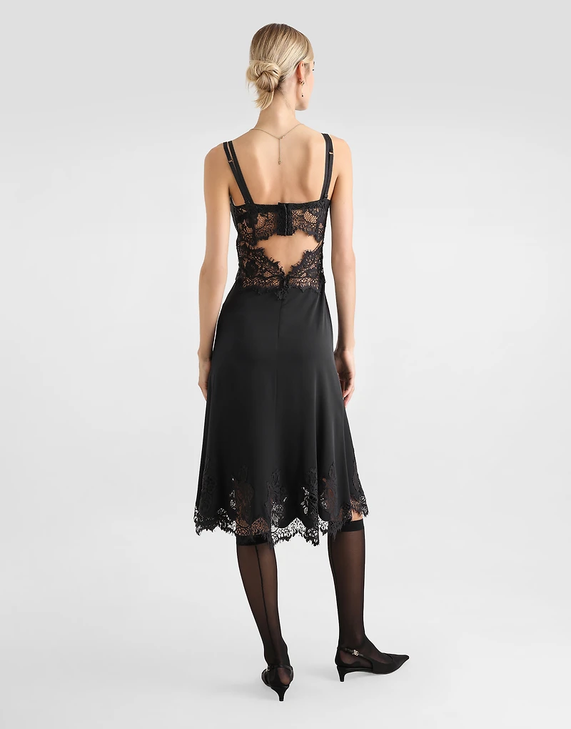 Lace and charmeuse calf-length slip dress