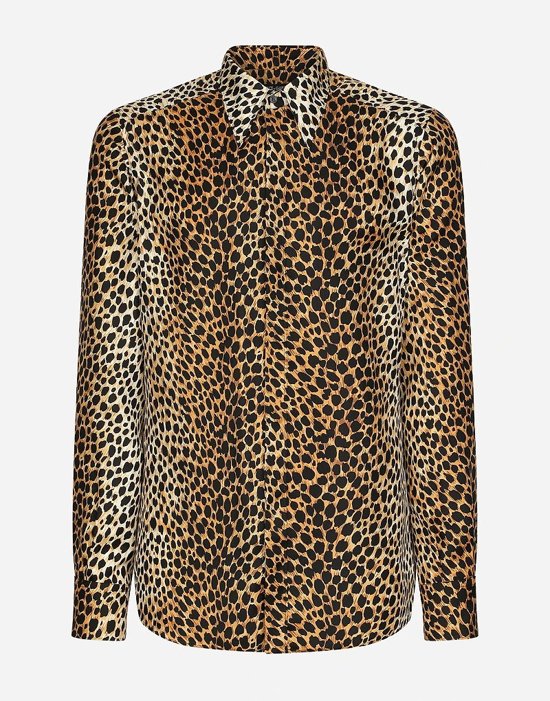 Silk twill Martini-fit shirt with ocelot print