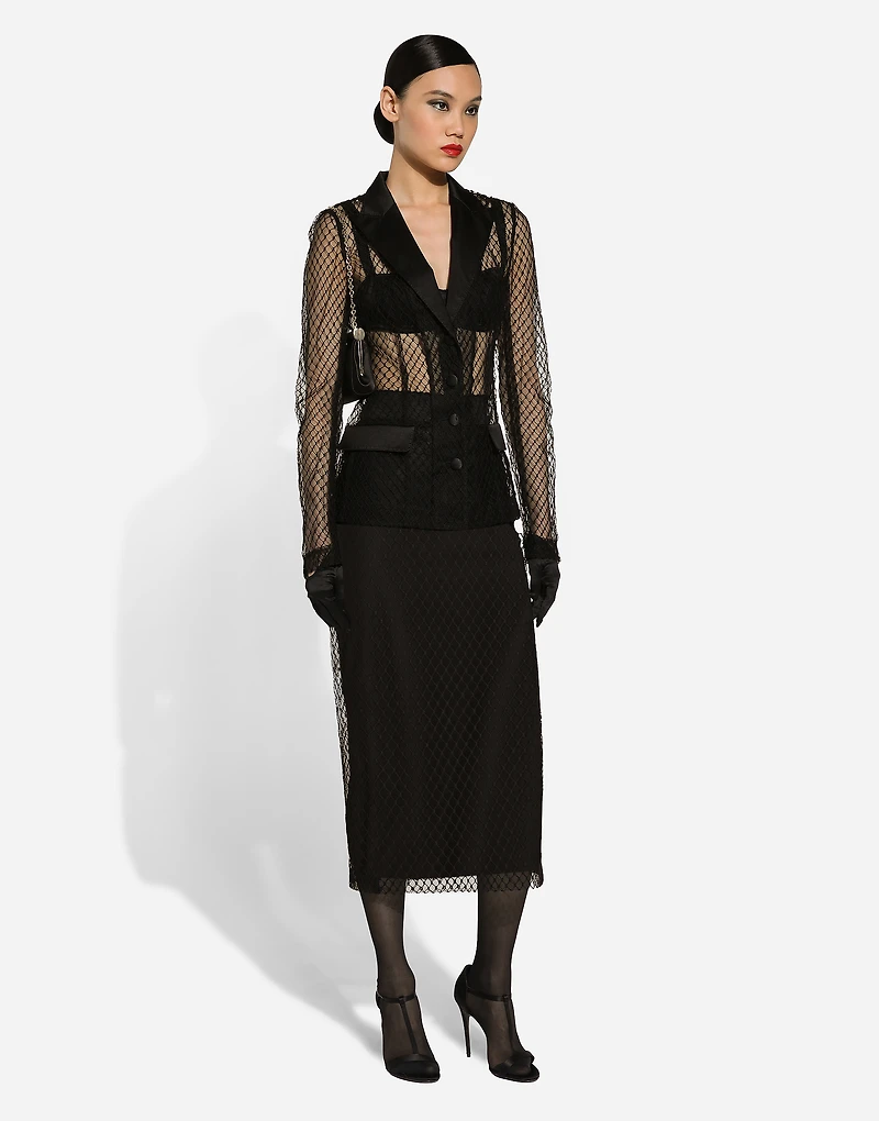 Mesh calf-length pencil skirt