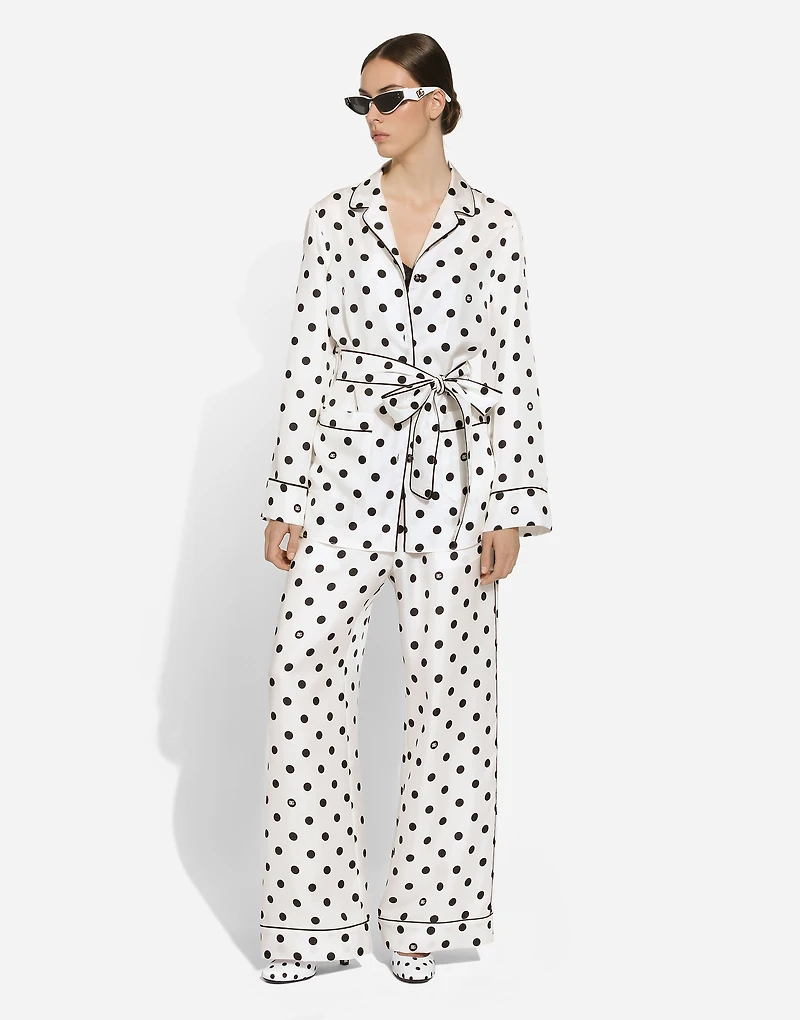 Long-sleeved silk pajama shirt with polka-dot print