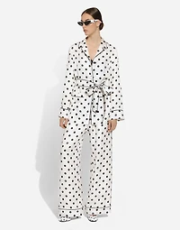 Long-sleeved silk pajama shirt with polka-dot print