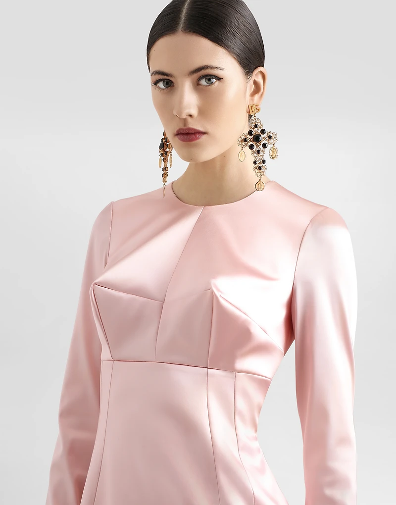 Stretch satin round-neck calf-length dress