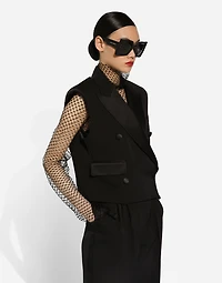 Sleeveless double-breasted wool gabardine tuxedo jacket