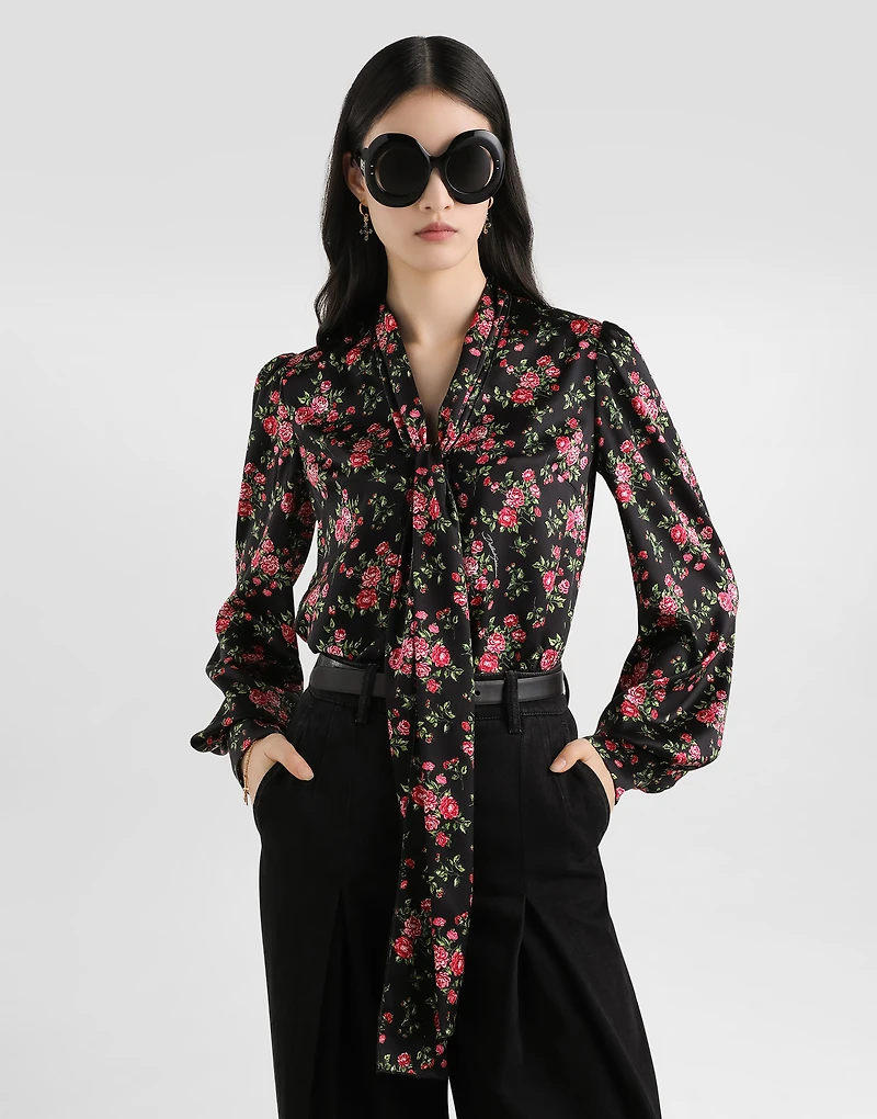 Small rose bouquet-print satin shirt