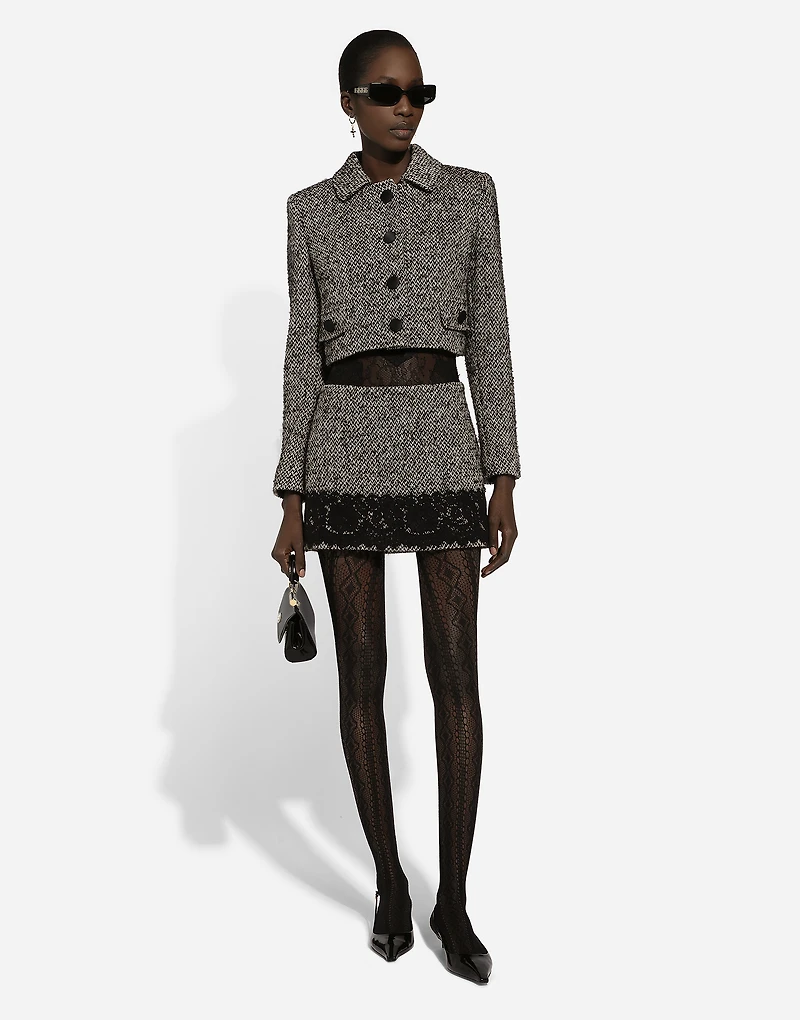 Short wool micro-tweed jacket
