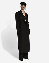 Long double-breasted tuxedo coat double wool gabardine