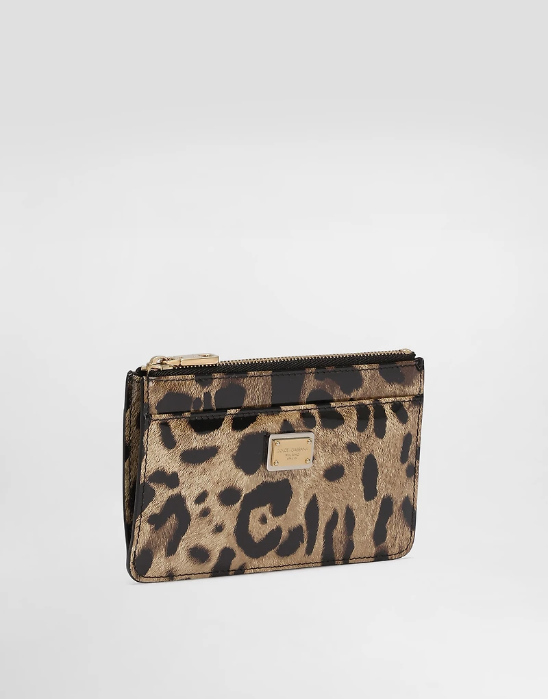 Medium leopard-print polished calfskin card holder with zipper