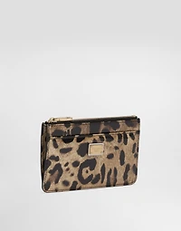 Medium leopard-print polished calfskin card holder with zipper