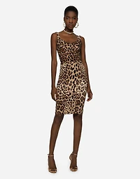 Leopard-print cady corset-style midi dress