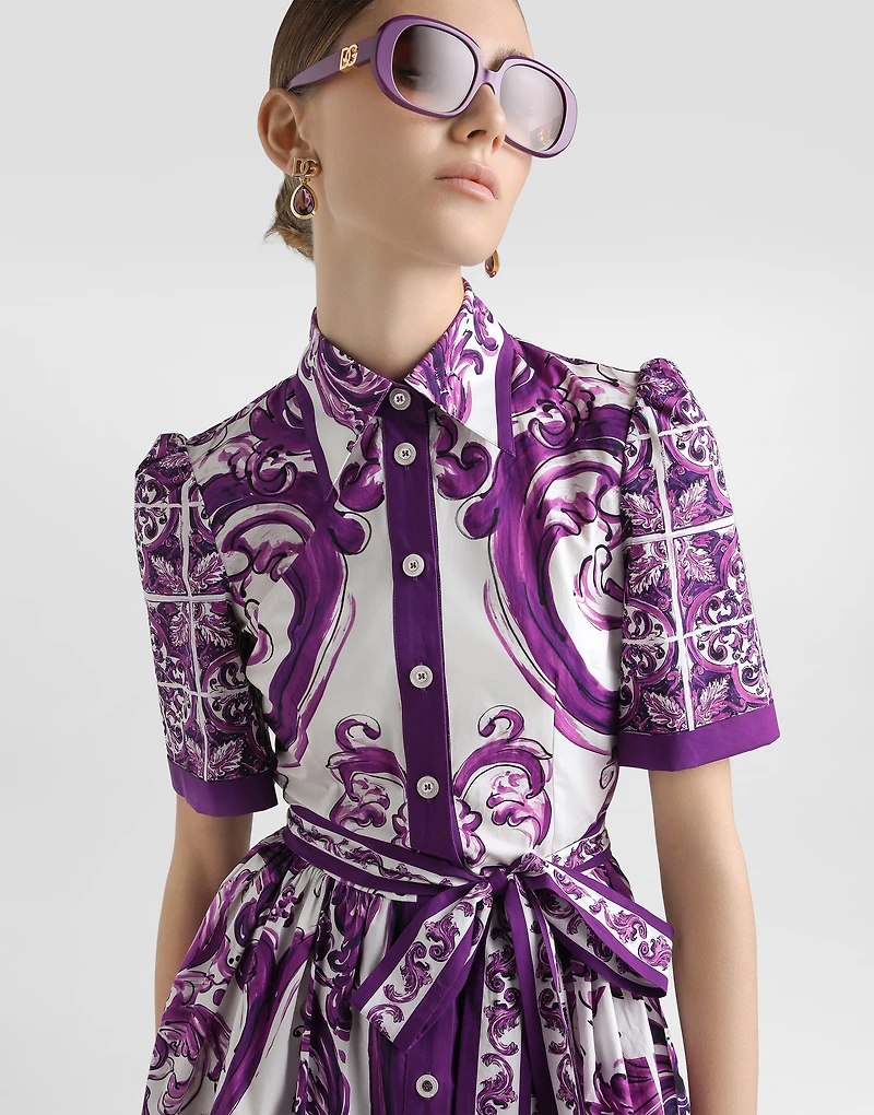 Majolica-print poplin shirt dress
