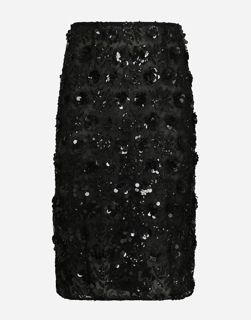 Lace calf-length skirt with all-over sequins