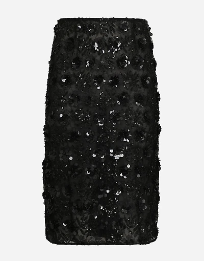 Lace calf-length skirt with all-over sequins