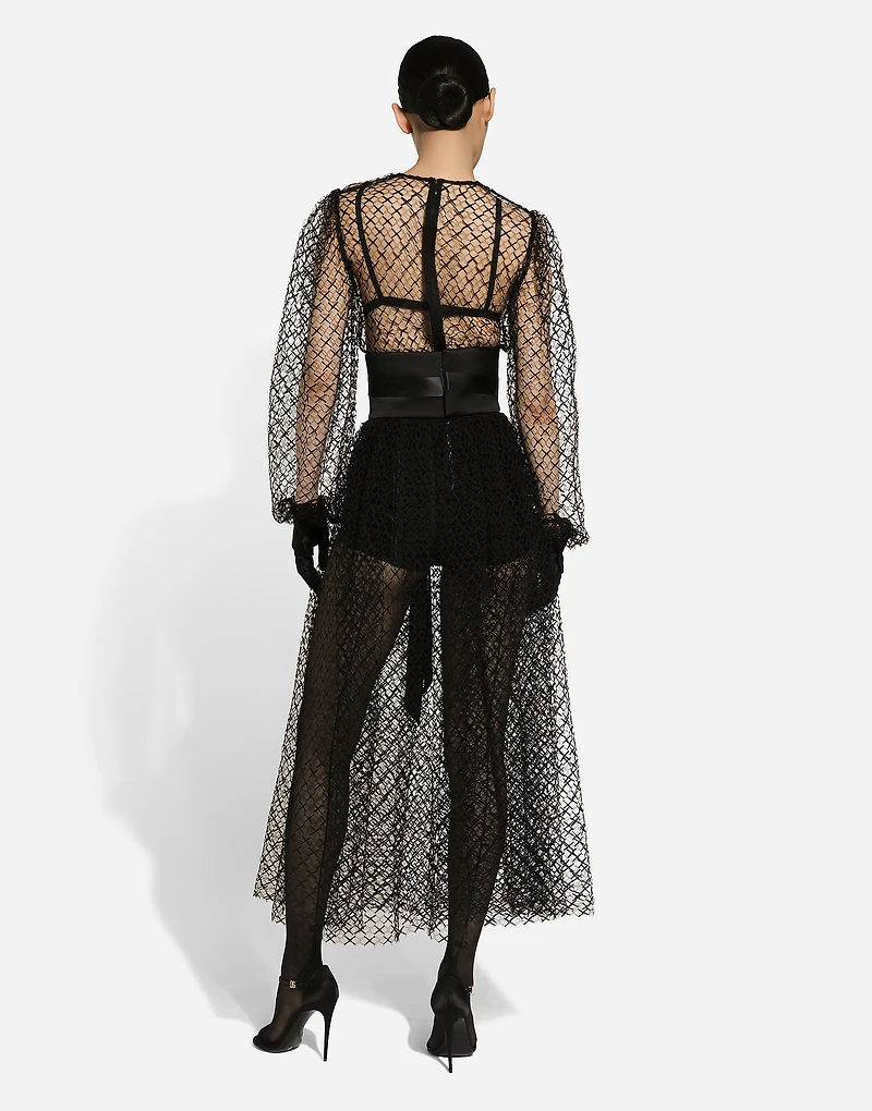 Calf-length mesh dress with wool crepe belt