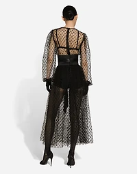 Calf-length mesh dress with wool crepe belt