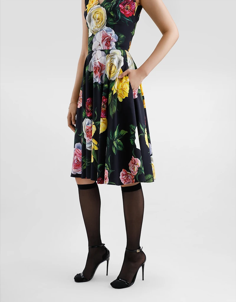 Peony and rose-print cady calf-length dress with circle skirt