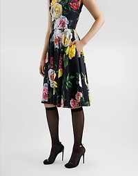 Peony and rose-print cady calf-length dress with circle skirt