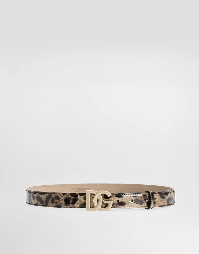 Leopard-print glossy calfskin belt with DG logo
