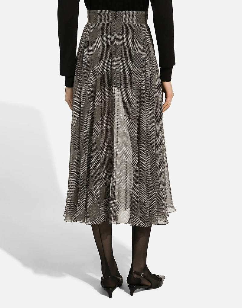 Silk chiffon calf-length circle skirt with glen plaid print
