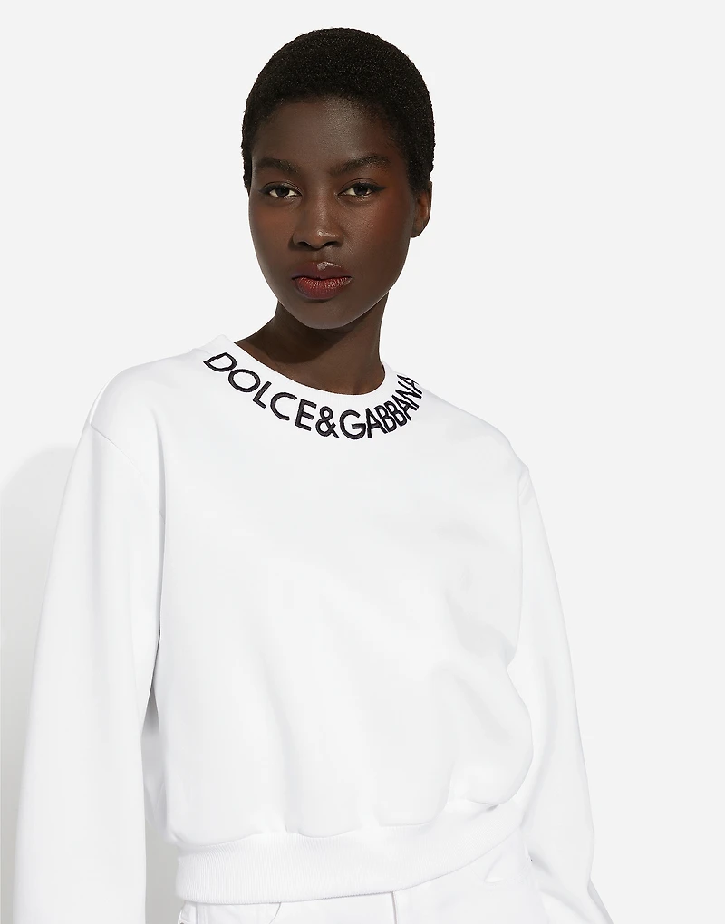 Cropped jersey sweatshirt with logo embroidery on neck