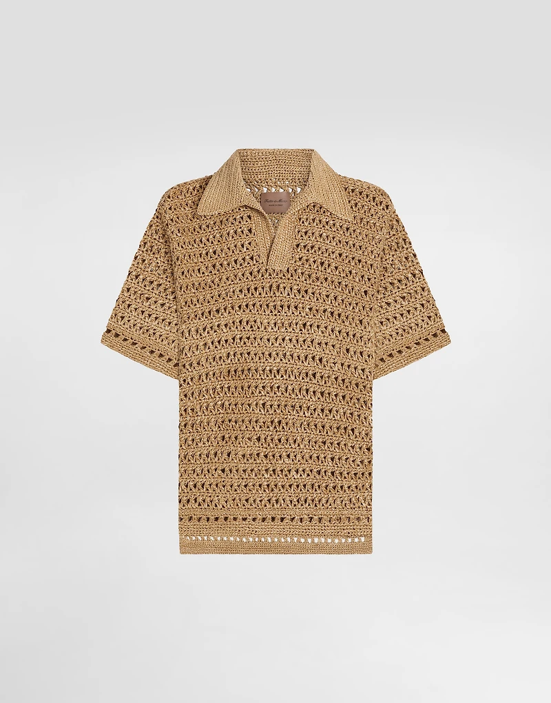 Short-sleeved viscose crochet polo-shirt