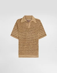 Short-sleeved viscose crochet polo-shirt