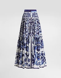 Majolica-print long poplin skirt