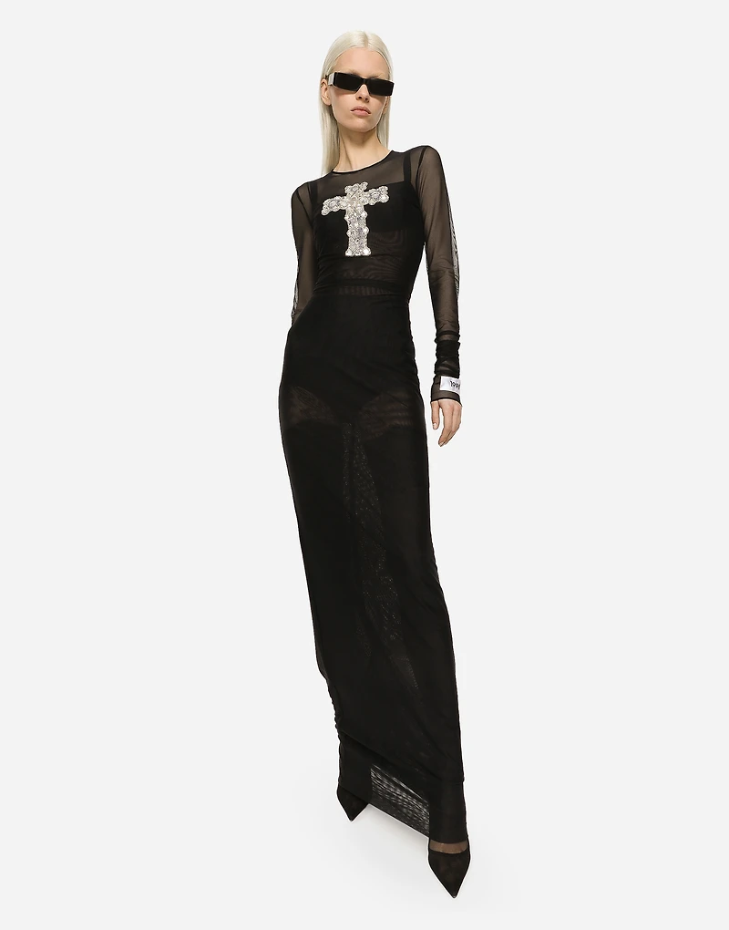 Long tulle dress with rhinestone cross embellishment