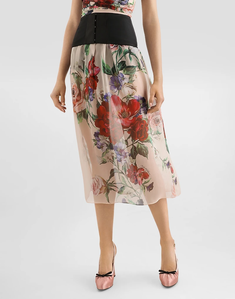 Floral-print chiffon calf-length skirt
