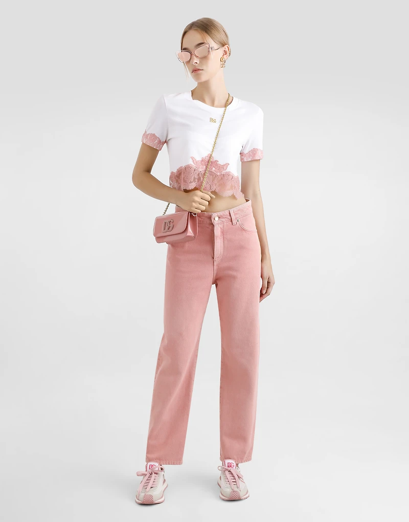 Cropped jersey T-shirt with DG logo and lace inserts
