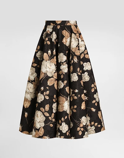 Vintage rose-print brocade midi skirt